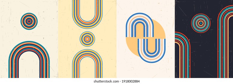 Vector illustration. Abstract poster set. Contemporary backgrounds. Mid century wall decor. Design elements for book cover, page template, print, card, brochure, magazine, poster. 60s, 70s graphic.