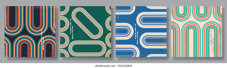 Vector illustration. Abstract poster set. Contemporary backgrounds. Mid century wall decor. Design elements for social media template, blog post, square banner. 60s, 70s graphic. Rounded shapes