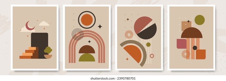 Vector illustration. Abstract poster set. Contemporary backgrounds. Mid century wall decor. Design elements for book cover, page template, print, card, brochure, magazine, poster. 60s, 70s graphic.