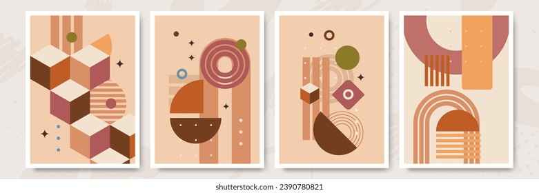 Vector illustration. Abstract poster set. Contemporary backgrounds. Mid century wall decor. Design elements for book cover, page template, print, card, brochure, magazine, poster. 60s, 70s graphic.