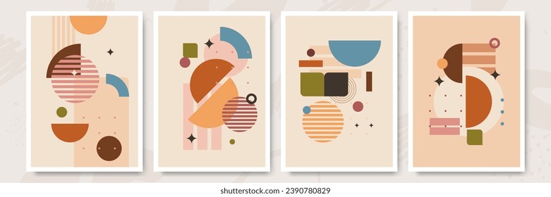 Vector illustration. Abstract poster set. Contemporary backgrounds. Mid century wall decor. Design elements for book cover, page template, print, card, brochure, magazine, poster. 60s, 70s graphic.