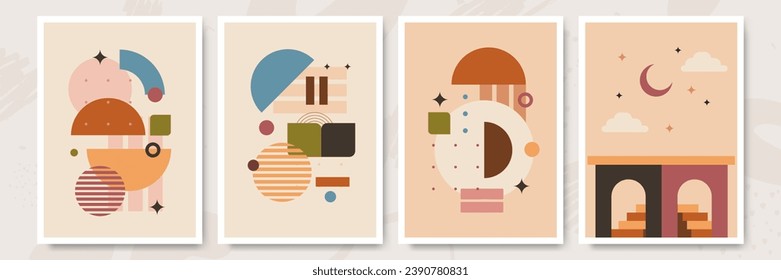 Vector illustration. Abstract poster set. Contemporary backgrounds. Mid century wall decor. Design elements for book cover, page template, print, card, brochure, magazine, poster. 60s, 70s graphic.