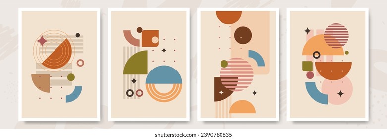 Vector illustration. Abstract poster set. Contemporary backgrounds. Mid century wall decor. Design elements for book cover, page template, print, card, brochure, magazine, poster. 60s, 70s graphic.
