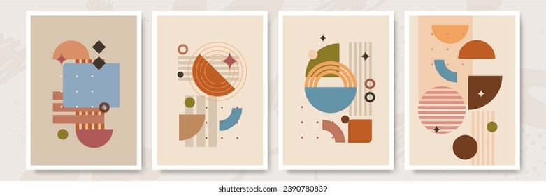 Vector illustration. Abstract poster set. Contemporary backgrounds. Mid century wall decor. Design elements for book cover, page template, print, card, brochure, magazine, poster. 60s, 70s graphic.
