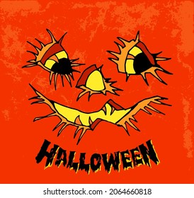Ilustración vectorial de la cara de calabaza abstracta para Halloween Feliz. Caricatura vintage graciosa ilustración a mano de fondo naranja. 