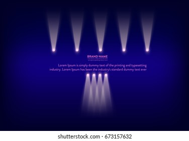 Vector illustration, abstract purple banner with neon spotlights, flashlights, light beams, rays of light. Design element for advertising poster