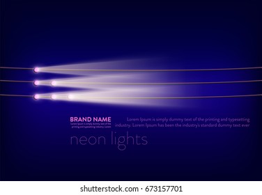 Vector illustration, abstract purple banner with neon spotlights, flashlights on the wire, light beams, rays of light. Design element for advertising poster