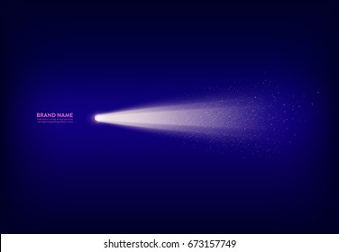 Vector illustration, abstract purple banner with spotlight, flashlight, light beam, ray of light with white sparks. Design element for advertising poster