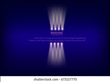 Vector illustration, abstract purple banner with neon spotlights, flashlights, light beams, rays of light. Design element for advertising poster