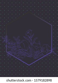 Vector illustration of abstract purple flowers on dark dotted background. Artwork template with hexagonal frame.