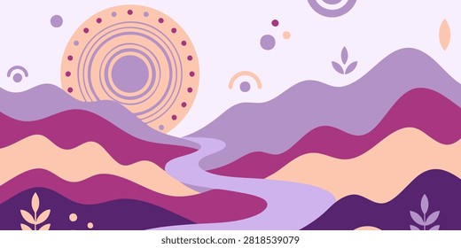 Vector illustration of an abstract purple landscape with rolling hills, a winding river, and a glowing sun