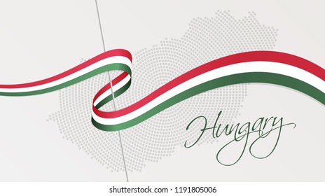 Vector illustration of abstract radial dotted halftone map of Hungary and wavy ribbon with Hungarian national flag colors for your graphic and web design
