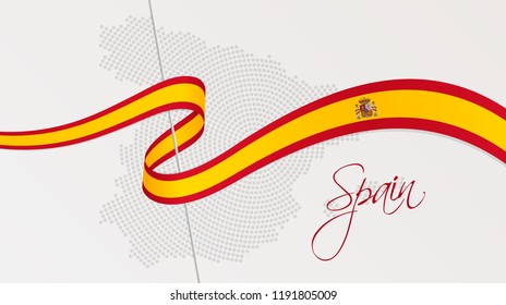 Vector illustration of abstract radial dotted halftone map of Spain and wavy ribbon with Spanish national flag colors for your graphic and web design