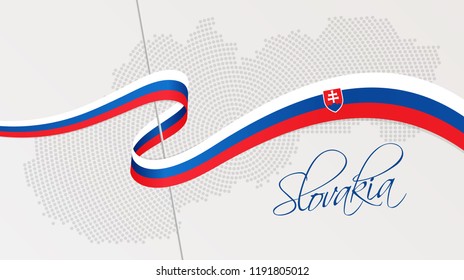 Vector illustration of abstract radial dotted halftone map of Slovakia and wavy ribbon with Slovakian national flag colors for your graphic and web design