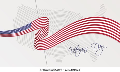 Vector illustration of abstract radial dotted halftone map of USA and wavy ribbon with the United States of America national flag colors for your graphic and web design