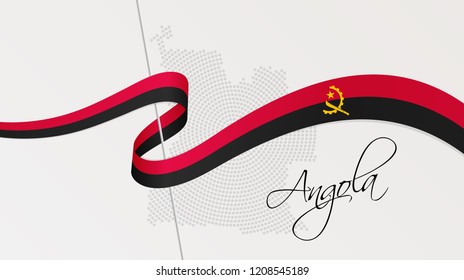 Vector illustration of abstract radial dotted halftone map of Angola and wavy ribbon with Angolan national flag colors for your graphic and web design