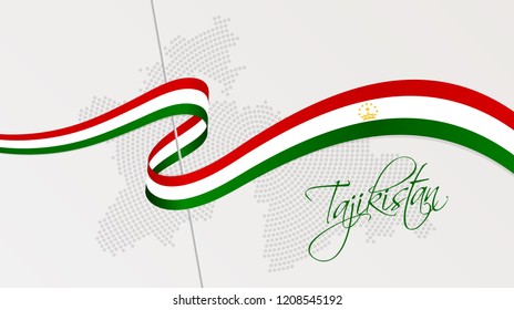 Vector illustration of abstract radial dotted halftone map of Tajikistan and wavy ribbon with Tajikistan's national flag colors for your graphic and web design