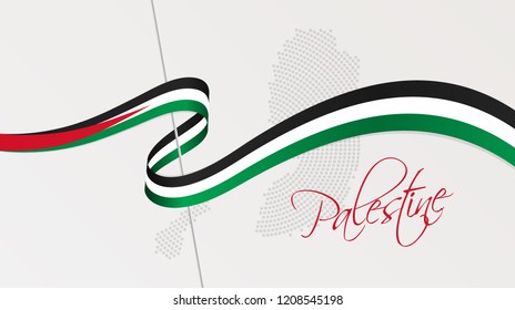 Vector illustration of abstract radial dotted halftone map of Palestine and wavy ribbon with Palestinian national flag colors for your graphic and web design