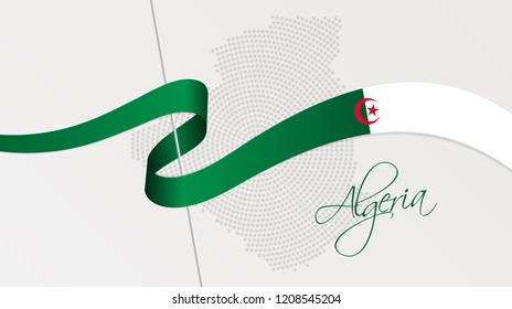 Vector illustration of abstract radial dotted halftone map of Algeria and wavy ribbon with Algerian national flag colors for your graphic and web design svg