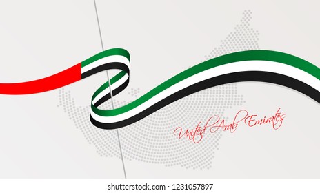 Vector illustration of abstract radial dotted halftone map of United Arab Emirates and wavy ribbon with UAE national flag colors for your graphic and web design