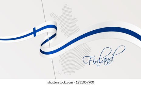 Vector illustration of abstract radial dotted halftone map of Finland and wavy ribbon with Finnish national flag colors for your graphic and web design