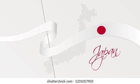 Vector illustration of abstract radial dotted halftone map of Japan and wavy ribbon with Japanese national flag colors for your graphic and web design