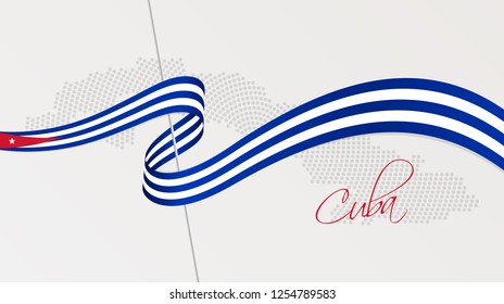Vector illustration of abstract radial dotted halftone map of Cuba and wavy ribbon with Cuban national flag colors for your graphic and web design