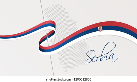 Vector illustration of abstract radial dotted halftone map of Serbia and wavy ribbon with Serbian national flag colors for your graphic and web design