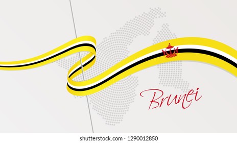 Vector illustration of abstract radial dotted halftone map of Brunei and wavy ribbon with Bruneian national flag colors for your graphic and web design