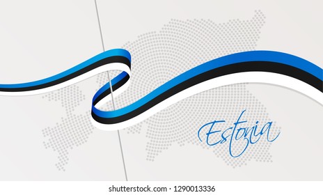 Vector illustration of abstract radial dotted halftone map of Estonia and wavy ribbon with Estonian national flag colors for your graphic and web design
