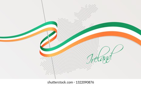 Vector illustration of abstract radial dotted halftone map of Ireland and wavy ribbon with Irish national flag colors for your graphic and web design
