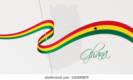 Vector illustration of abstract radial dotted halftone map of Ghana and wavy ribbon with Ghanaian national flag colors for your graphic and web design