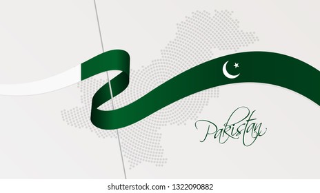 Vector illustration of abstract radial dotted halftone map of Pakistan and wavy ribbon with Pakistani national flag colors for your graphic and web design