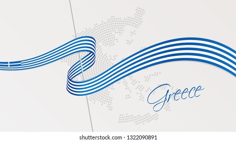 Vector illustration of abstract radial dotted halftone map of Greece and wavy ribbon with Greek national flag colors for your graphic and web design