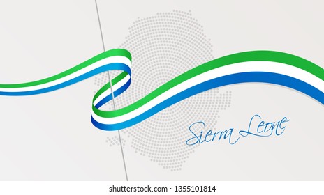 Vector illustration of abstract radial dotted halftone map of Sierra Leone and wavy ribbon with national flag colors for your design