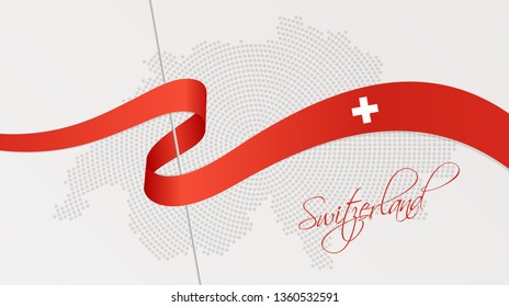 Vector illustration of abstract radial dotted halftone map of Switzerland and wavy ribbon with Swiss national flag colors for your design