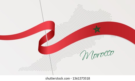 Ilustración vectorial del mapa radial abstracto de semitonos de Marruecos y cinta ondulada con los colores de la bandera nacional marroquí para su diseño