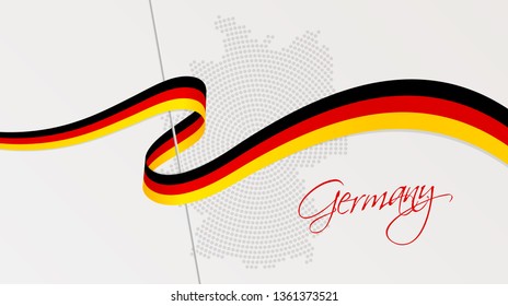 Vector illustration of abstract radial dotted halftone map of Germany and wavy ribbon with German national flag colors for your design