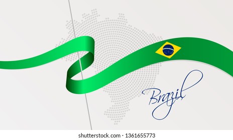 Vector illustration of abstract radial dotted halftone map of Brazil and wavy ribbon with Brazilian national flag colors for your design