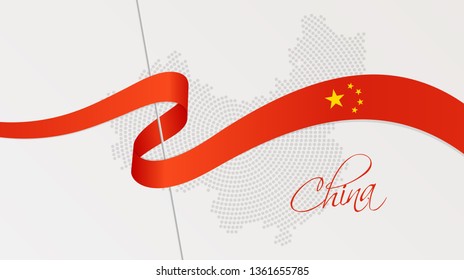 Vector illustration of abstract radial dotted halftone map of China and wavy ribbon with Chinese national flag colors for your design
