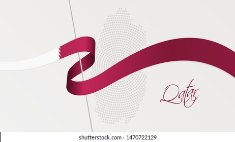 Vector illustration of abstract radial dotted halftone map of Qatar and wavy ribbon with Qatari national flag colors for your design