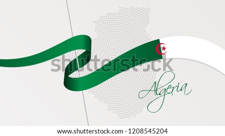 Vector illustration of abstract radial dotted halftone map of Algeria and wavy ribbon with Algerian national flag colors for your graphic and web design
