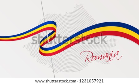 Vector illustration of abstract radial dotted halftone map of Romania and wavy ribbon with Romanian national flag colors for your graphic and web design