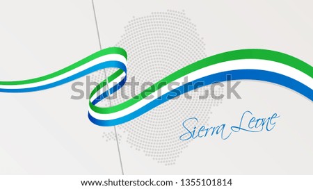 Vector illustration of abstract radial dotted halftone map of Sierra Leone and wavy ribbon with national flag colors for your design