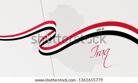 Vector illustration of abstract radial dotted halftone map of Iraq and wavy ribbon with Iraqi national flag colors for your design