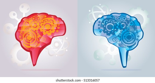 Vector illustration of abstract red and blue brains.