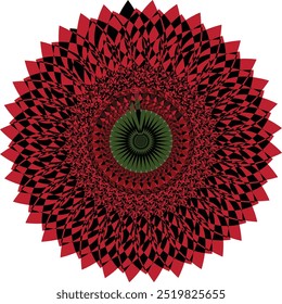 Vector illustration of abstract red mandala art on a black background. Abstract geometric circle.