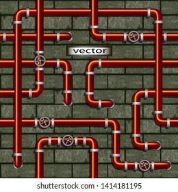 Vector illustration of abstract red orange pipe in the background of old brick masonry with shadow