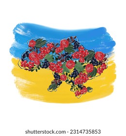 Vector illustration with the abstract red viburnum, currant and roses of Ukraine on the map of Ukraine and the flag of Ukraine as a symbol of country. 