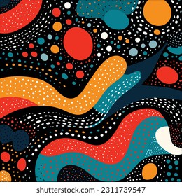 vector illustration of abstract retro colors, in the style of pointillist dots and dashes, black background, curvilinear forms, turquoise and red, Stephen Ormandy, repeating pattern, retro charm